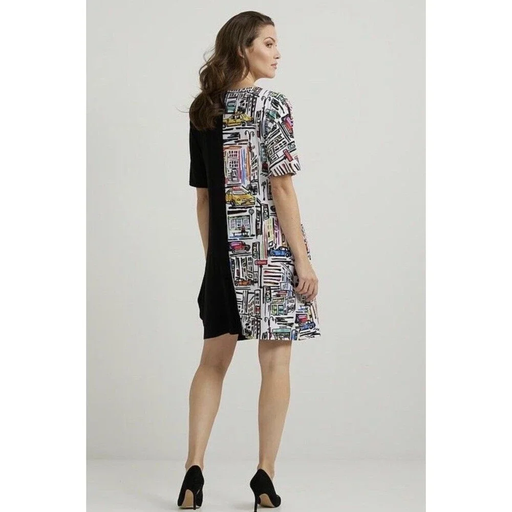 Joseph Ribkoff Dress Size 14/XL Black City Print Jersey Stretch Artsy Whimsical
